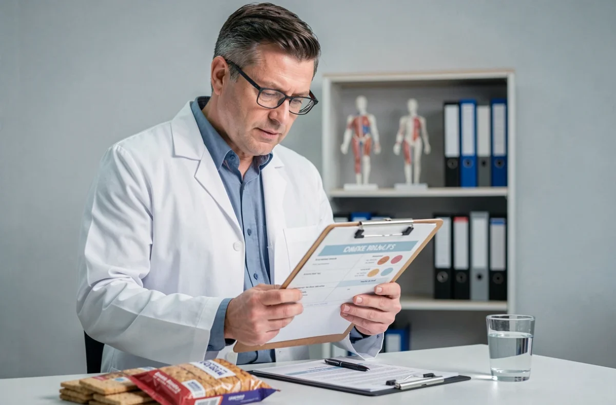 Nutritionniste en blouse blanche analysant les effets du régime biscotte avec une fiche nutritionnelle