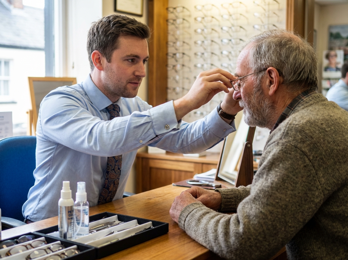 Opticien ajustant des lunettes à un client âgé dans une boutique