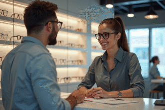 Opticien aidant un client dans une boutique lumineuse