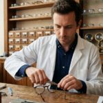Opticien lunetier bordelais ajustant une monture de lunettes avec des outils de précision dans son atelier traditionnel