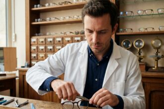 Opticien lunetier bordelais ajustant une monture de lunettes avec des outils de précision dans son atelier traditionnel