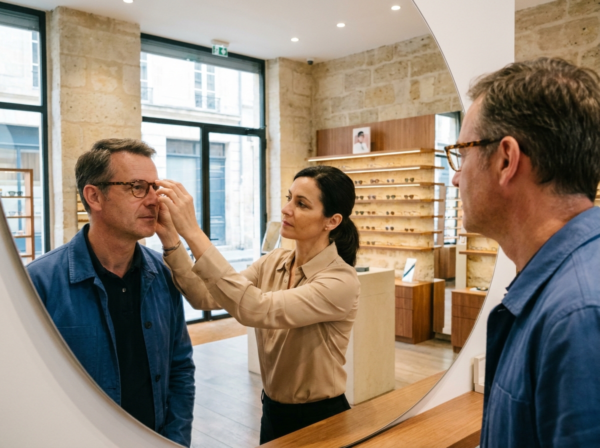 Opticienne aidant un client à choisir des lunettes dans une boutique d'optique moderne à Bordeaux