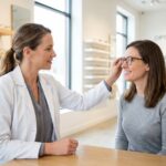 Opticienne attentive aidant une cliente à choisir ses lunettes dans une boutique d'optique moderne