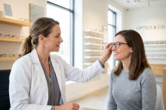 Opticienne attentive aidant une cliente à choisir ses lunettes dans une boutique d'optique moderne