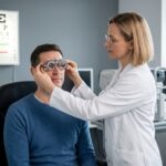 Opticienne ajustant une monture d'essai sur un patient dans un cabinet d'optique moderne