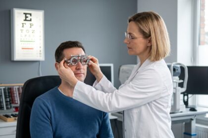Opticienne ajustant une monture d'essai sur un patient dans un cabinet d'optique moderne