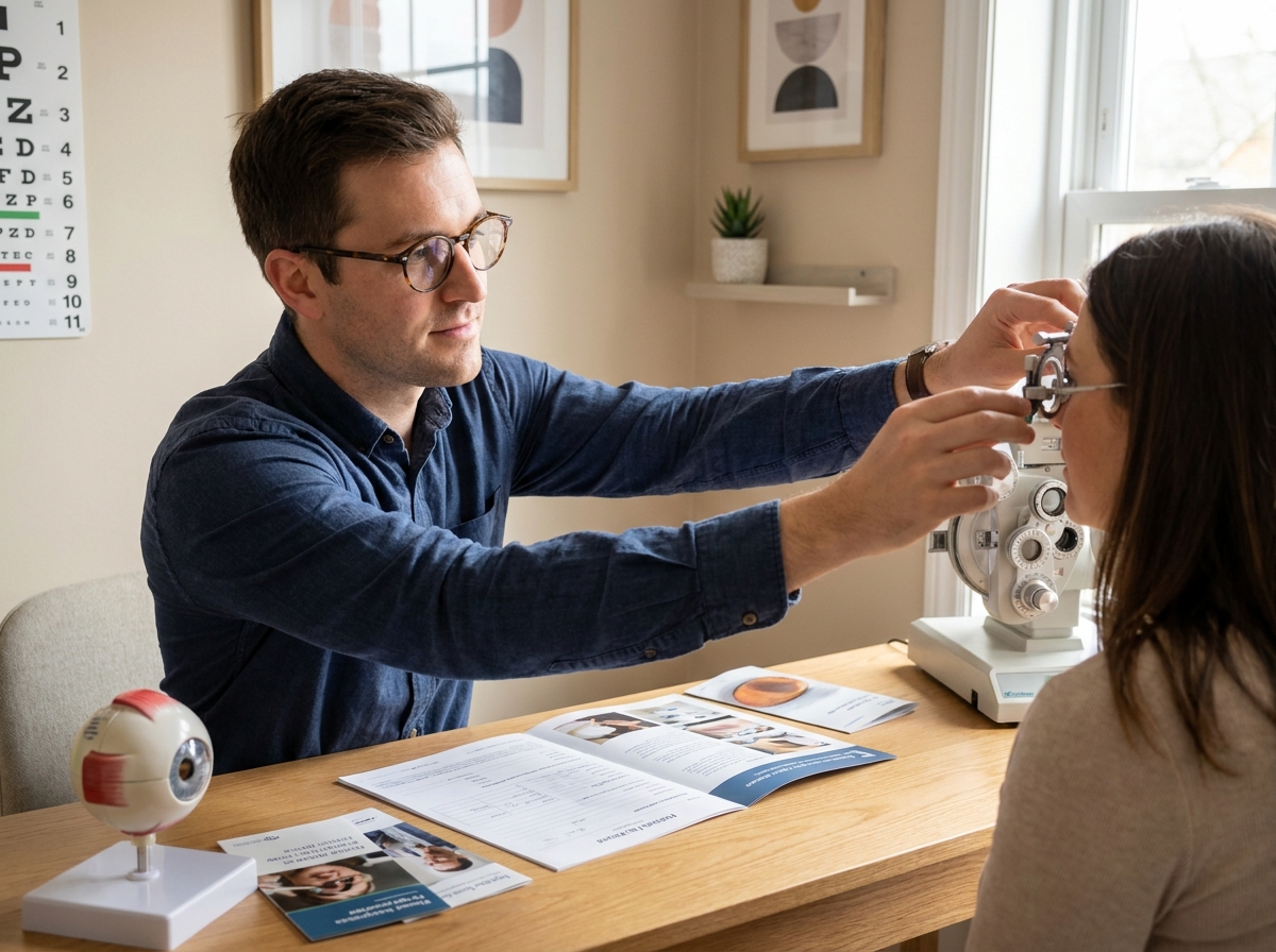 Optométriste ajustant une monture d'essai lors d'un bilan de vue approfondi dans un cabinet apaisant