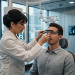 Optométriste ajustant des lunettes intelligentes à un patient