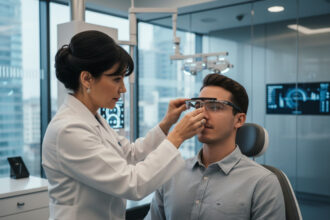 Optométriste ajustant des lunettes intelligentes à un patient