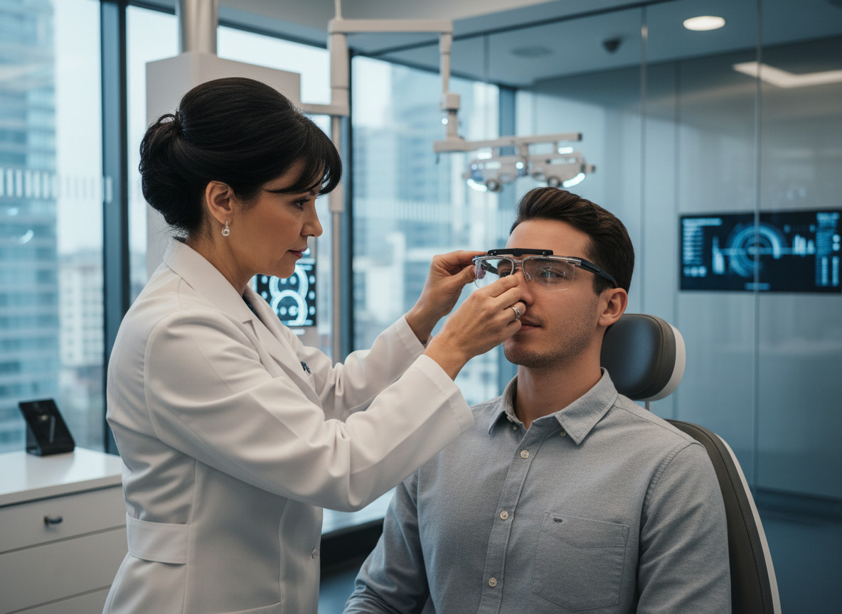 Optométriste ajustant des lunettes intelligentes à un patient