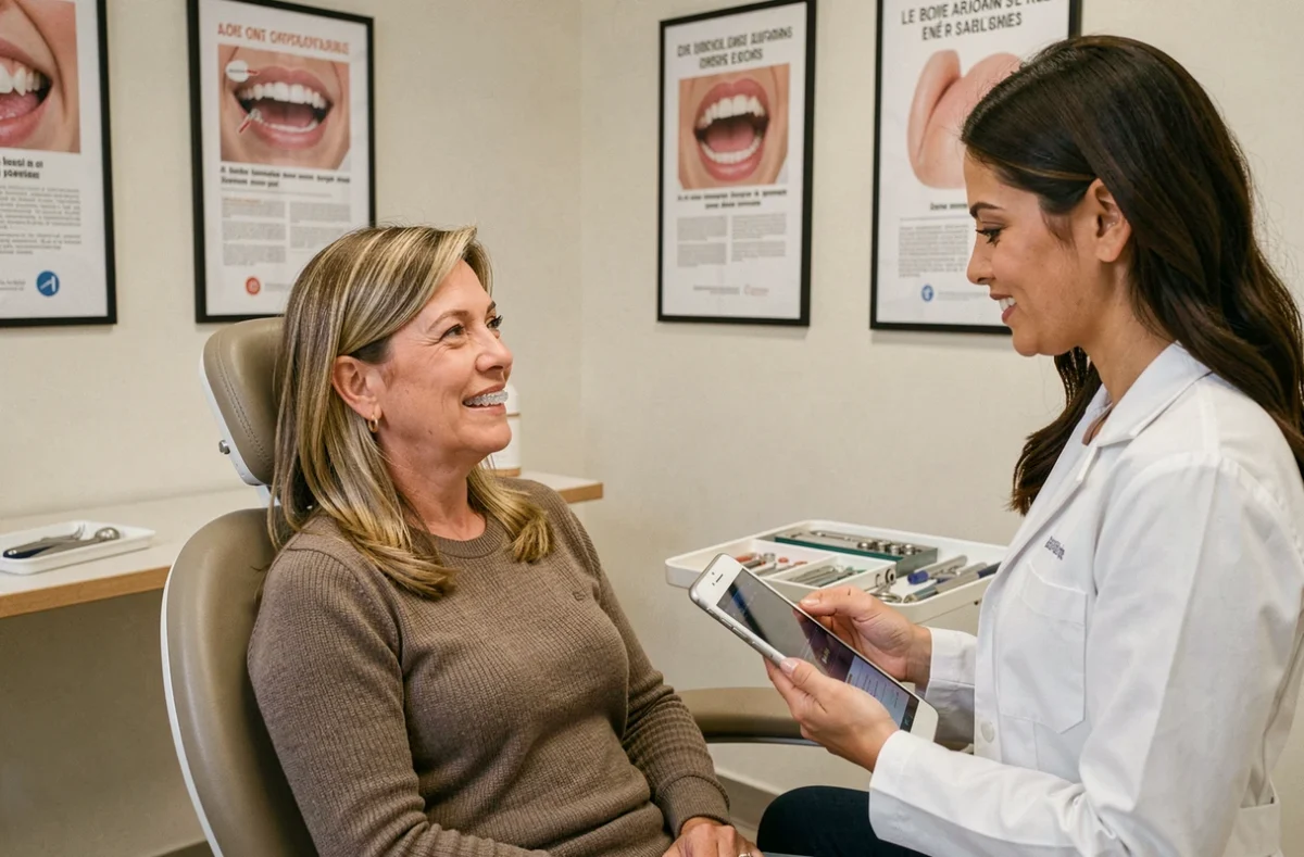 Une femme adulte en cours de traitement orthodontique avec aligneurs transparents consultée par une orthodontiste dans l'Ain