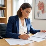 Orthophoniste libérale qui consulte un manuel de formation continue dans son cabinet professionnel