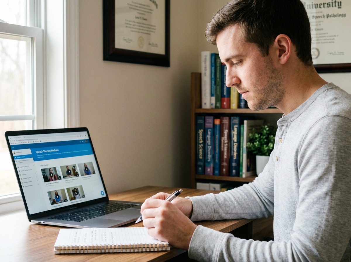 Orthophoniste salarié suivant une formation continue en ligne depuis son bureau à domicile