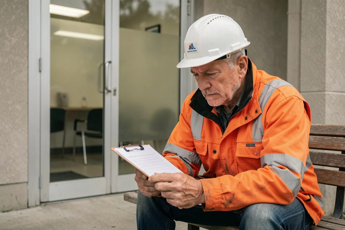 Ouvrier du bâtiment en tenue de chantier assis devant une clinique médicale tenant un formulaire médical vierge avec une expression pensive après un accident du travail