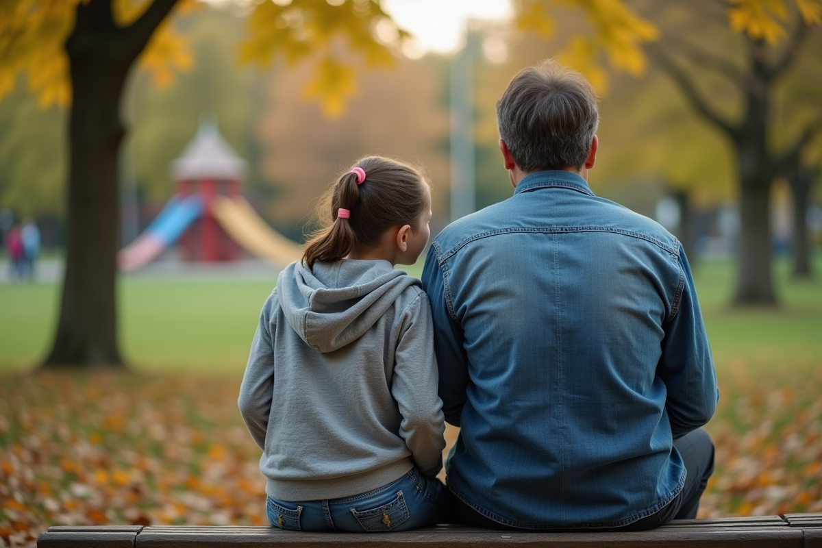 Père et fille assis sur un banc dans un parc
