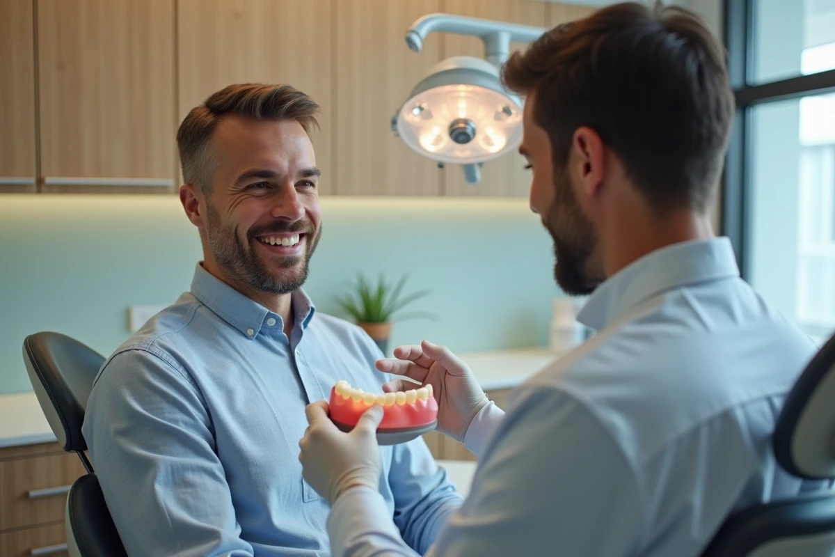 Patient souriant en cabinet dentaire avec le dentiste et guide de teinte