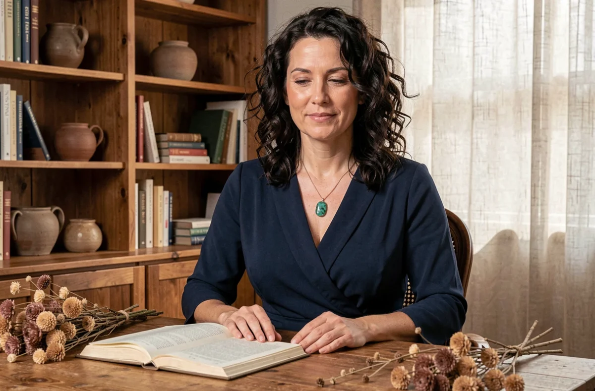 Femme avec un pendentif amazonite brut porté au niveau du cœur assise à un bureau en bois avec un journal ouvert
