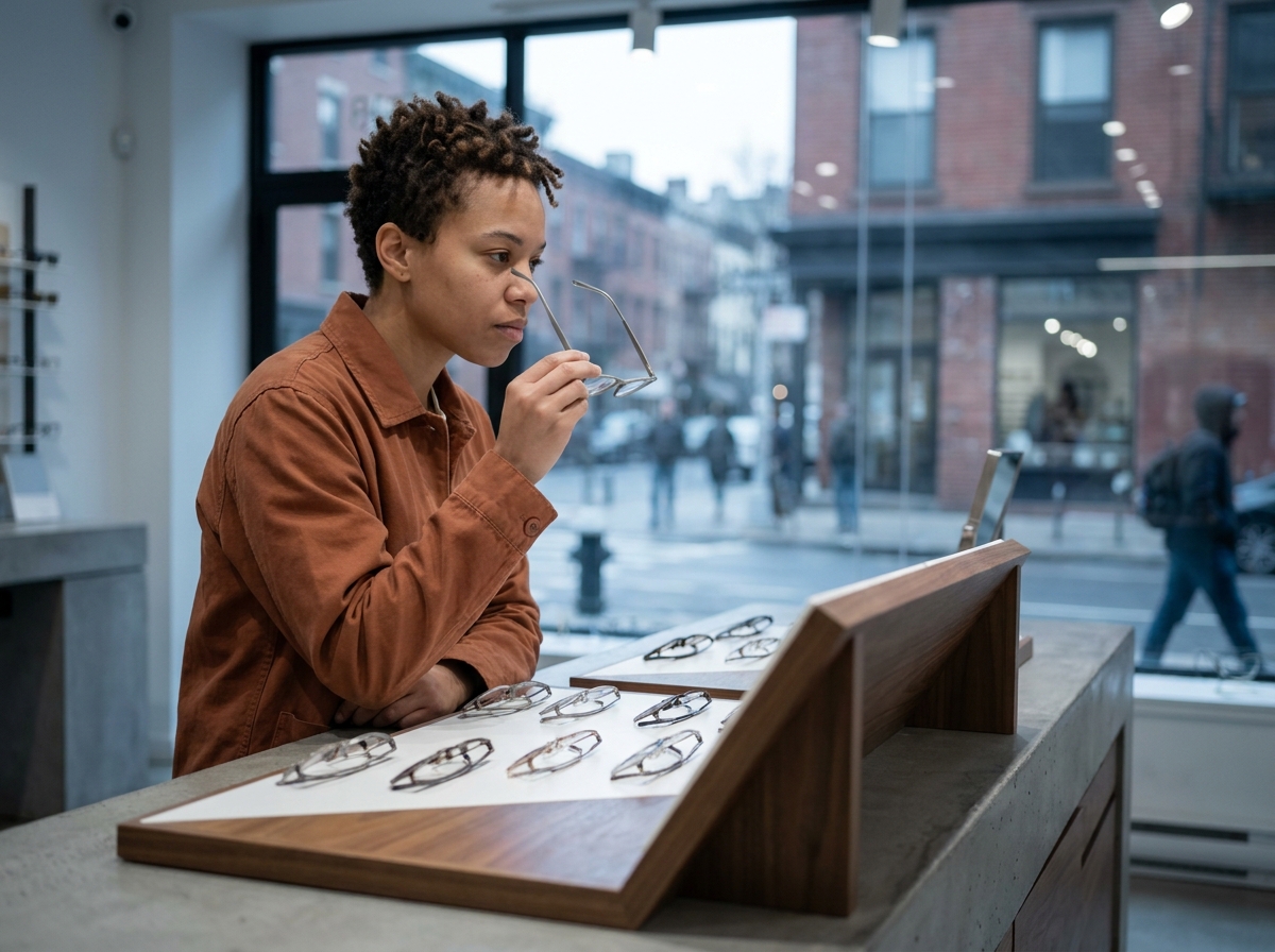 Personne non binaire examinant une monture de lunettes métallique dans un magasin d'optique urbain minimaliste