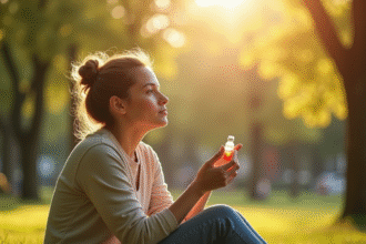 Personne assise dans un parc ensoleille avec médicament
