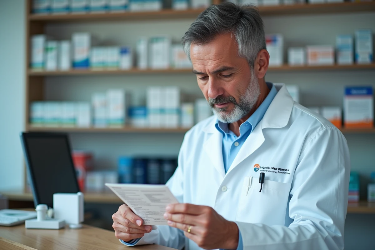 Pharmacien examinant une boîte de médicaments courants susceptibles d'affecter les transaminases et la santé du foie
