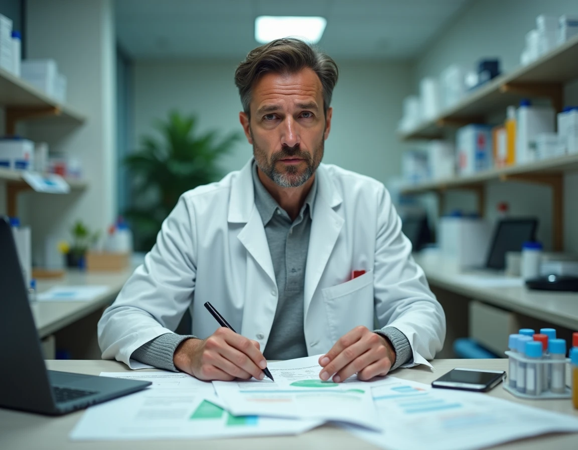 Pharmacologue étudiant des résultats d'essais cliniques dans un laboratoire de recherche sur une nouvelle molécule thérapeutique