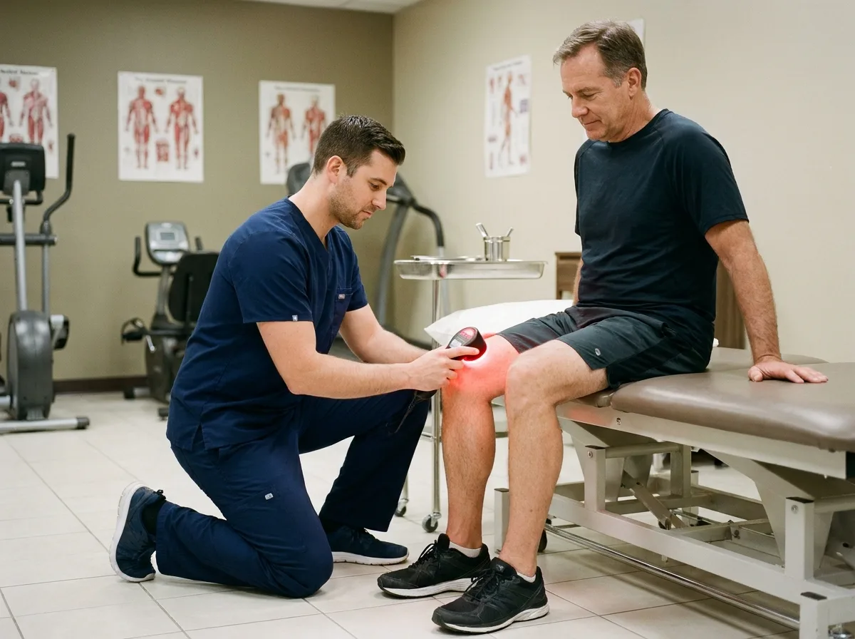 Physiothérapeute appliquant un dispositif LED rouge sur le genou d'un patient dans une clinique de rééducation pour thérapie par photobiomodulation