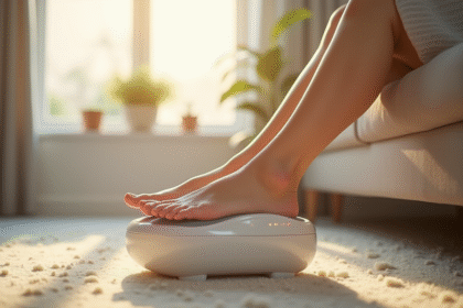 Pieds détendus sur un masseur de reflexologie moderne dans un salon lumineux
