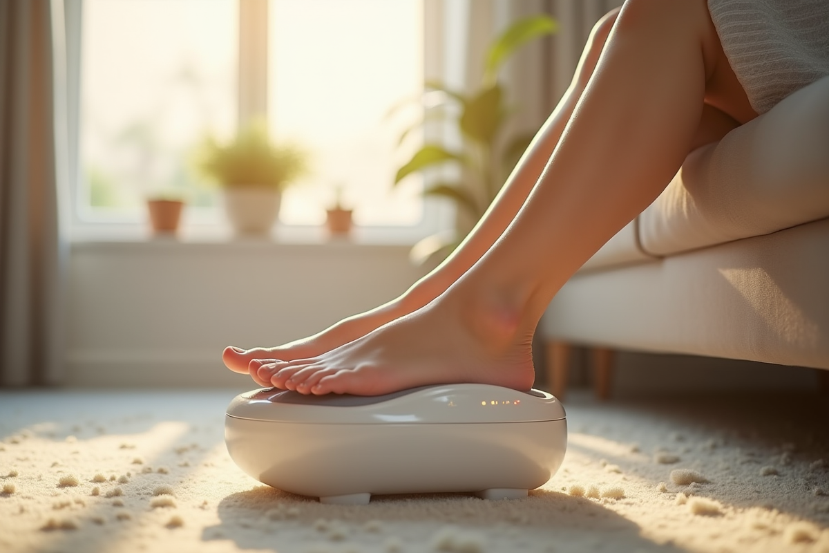 Pieds détendus sur un masseur de reflexologie moderne dans un salon lumineux