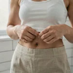 Jeune femme examinant son piercing nombril en rejet avec rougeur visible autour du bijou en argent