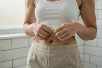 Jeune femme examinant son piercing nombril en rejet avec rougeur visible autour du bijou en argent
