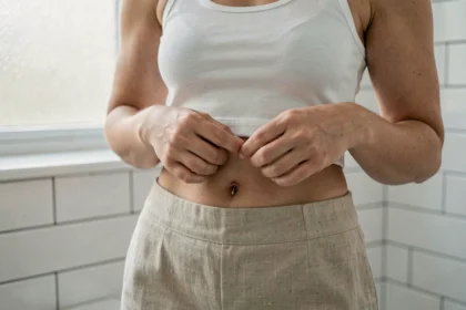 Jeune femme examinant son piercing nombril en rejet avec rougeur visible autour du bijou en argent