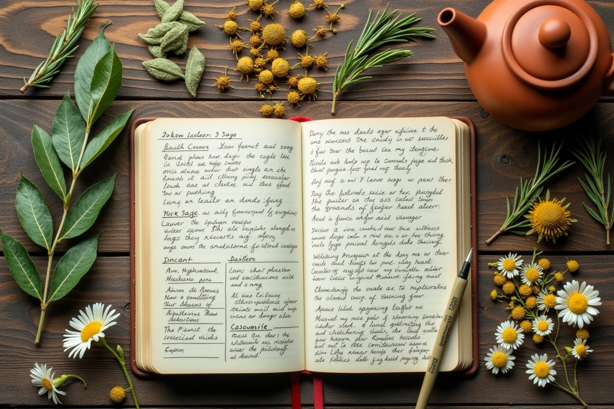 Assortiment de plantes médicinales séchées à éviter pendant la grossesse, disposées sur une table en bois avec un carnet de notes botaniques
