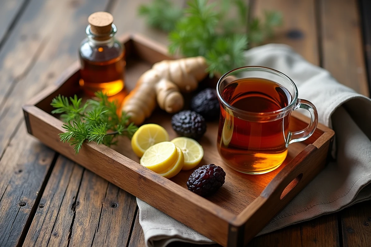 Plateau en bois avec huile de ricin, tisane et alternatives naturelles douces pour améliorer le transit intestinal