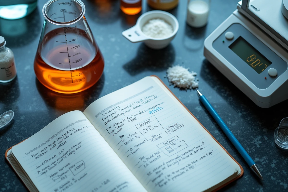 Vue aérienne d'un poste de travail en laboratoire avec fiole jaugée, balance analytique et calculs de concentration dans un carnet
