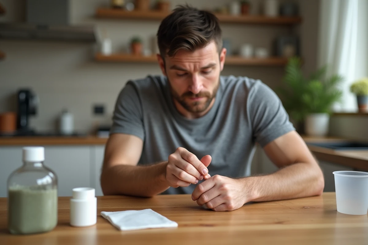 Homme appliquant un bandage stérile sur un ongle traumatisé à la maison