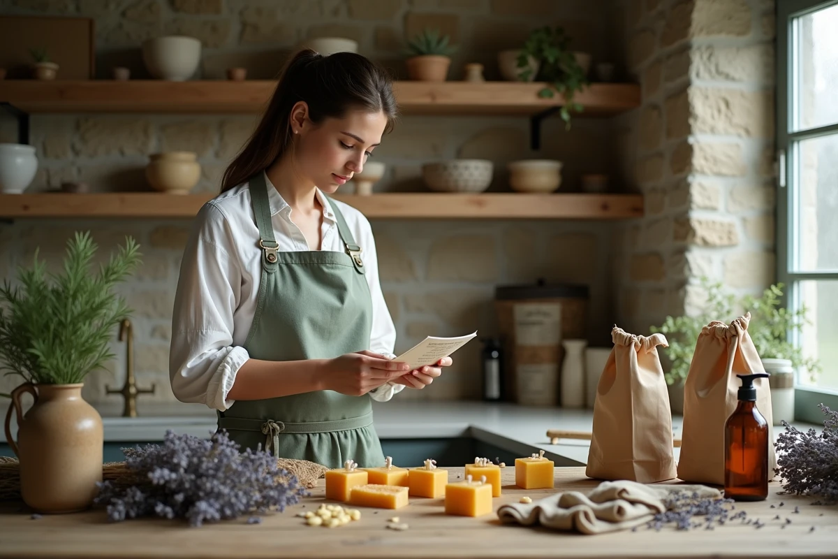 Femme préparant des produits naturels faits maison avec des ingrédients botaniques sur une table en bois rustique