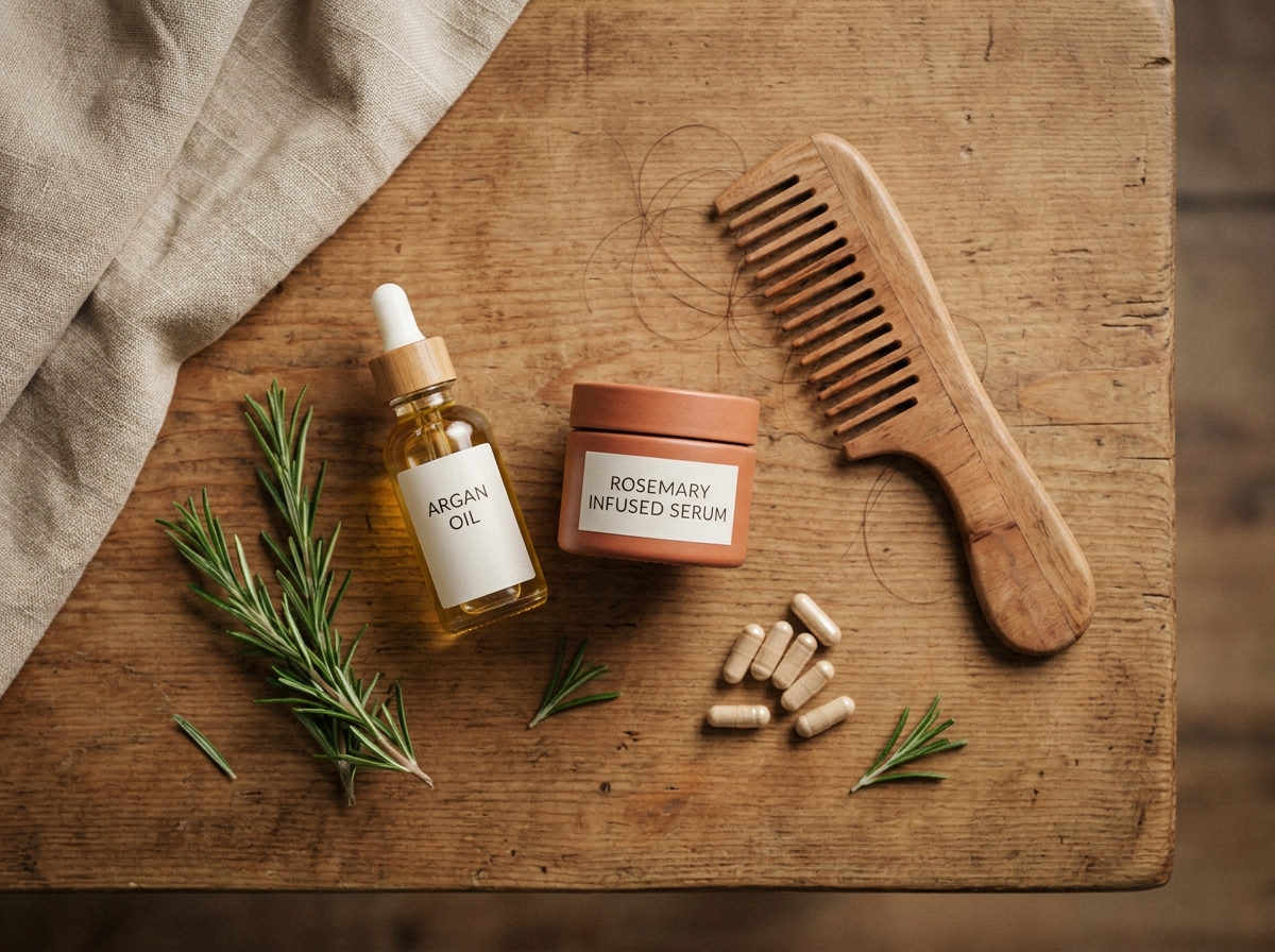 Produits naturels contre la chute de cheveux disposés en flat lay : huile d'argan, sérum au romarin, peigne en bois et compléments alimentaires biotine