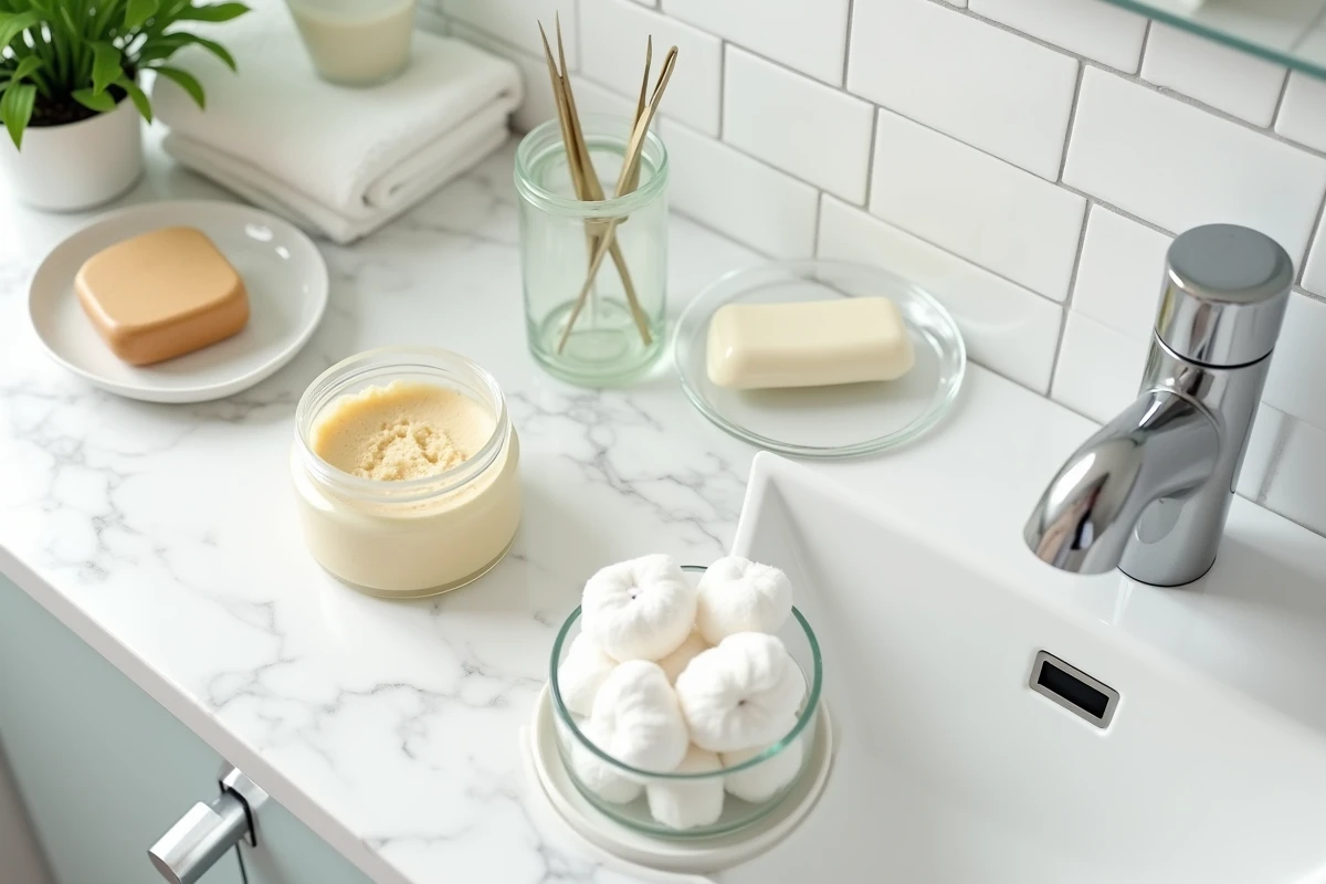 Produits de soin doux pour traiter les poils incarnés et boutons dans la zone pubienne chez les adolescents, posés sur un comptoir de salle de bain