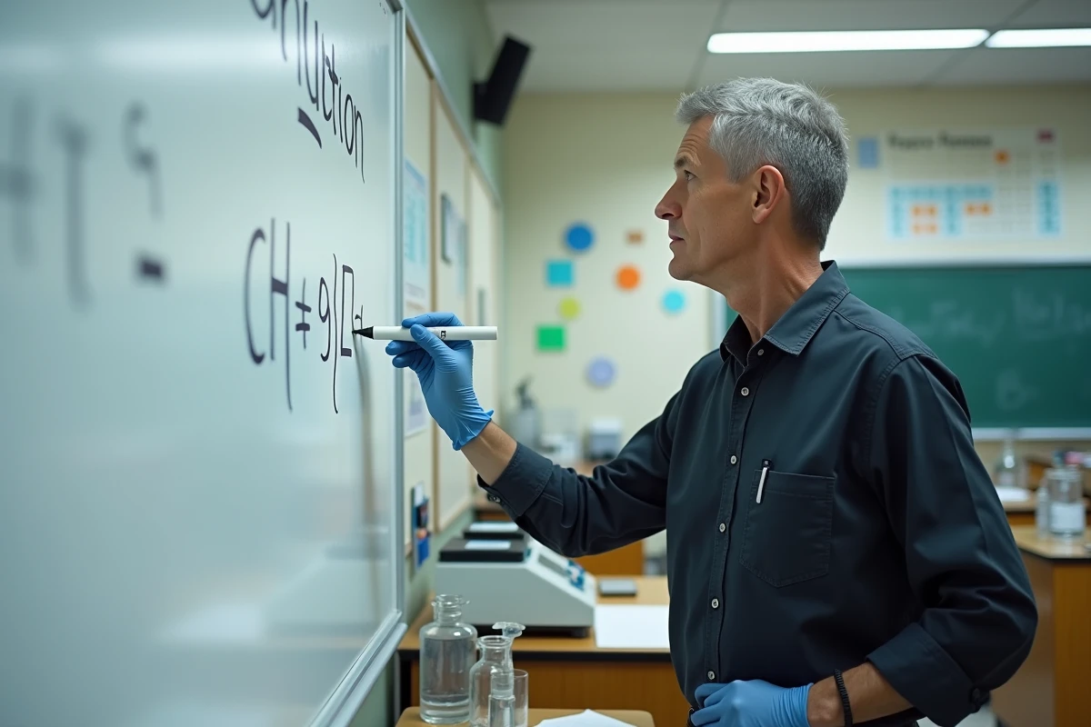 Professeur de chimie écrivant une formule de concentration molaire au tableau blanc dans une salle de cours équipée