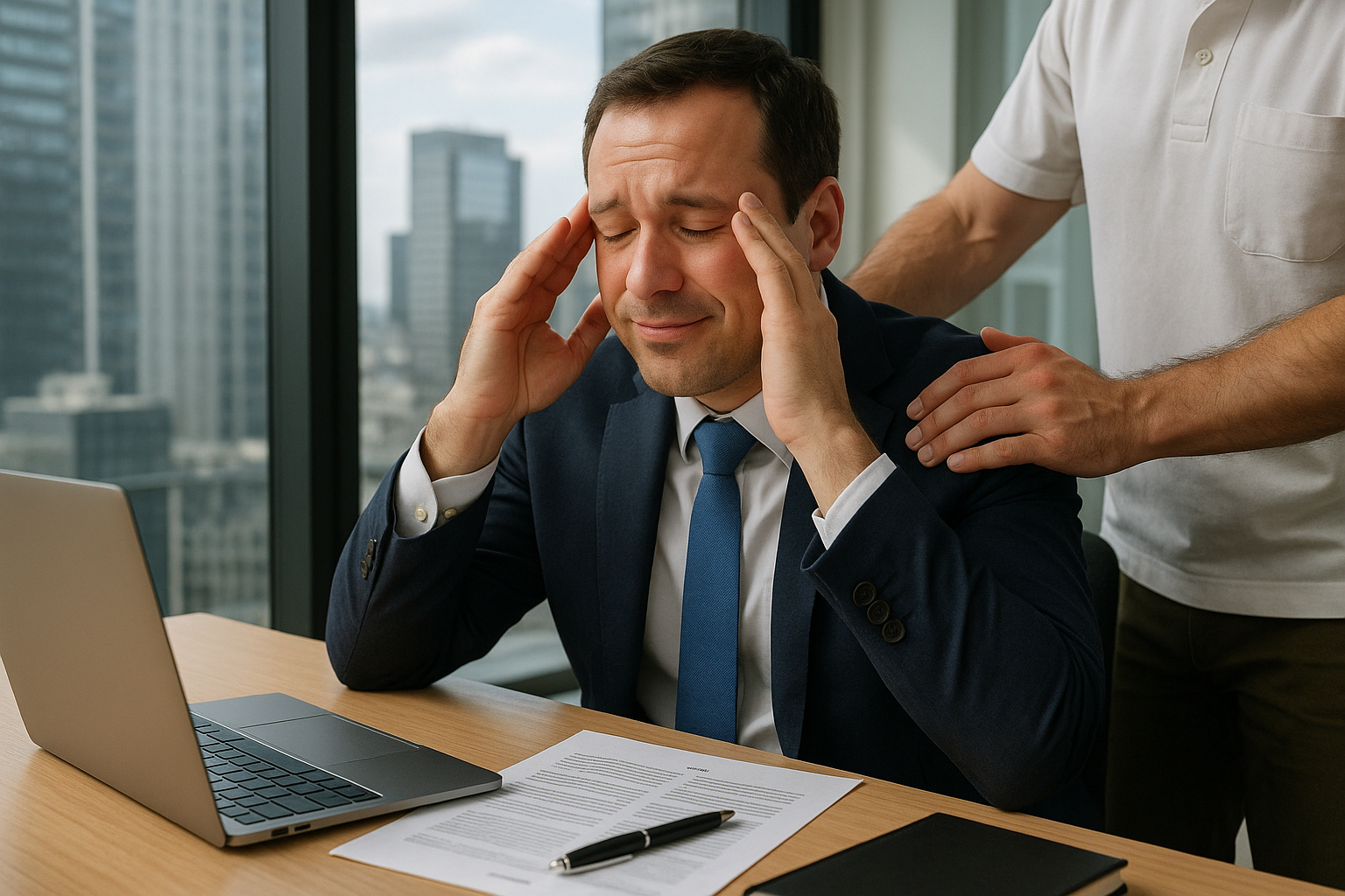 Professionnel en relaxation au bureau avec un kinésiologue
