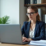 Professionnelle de santé consultant le répertoire Finess sur son ordinateur dans un bureau administratif en 2026
