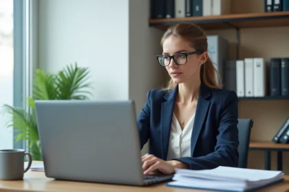 Professionnelle de santé consultant le répertoire Finess sur son ordinateur dans un bureau administratif en 2026