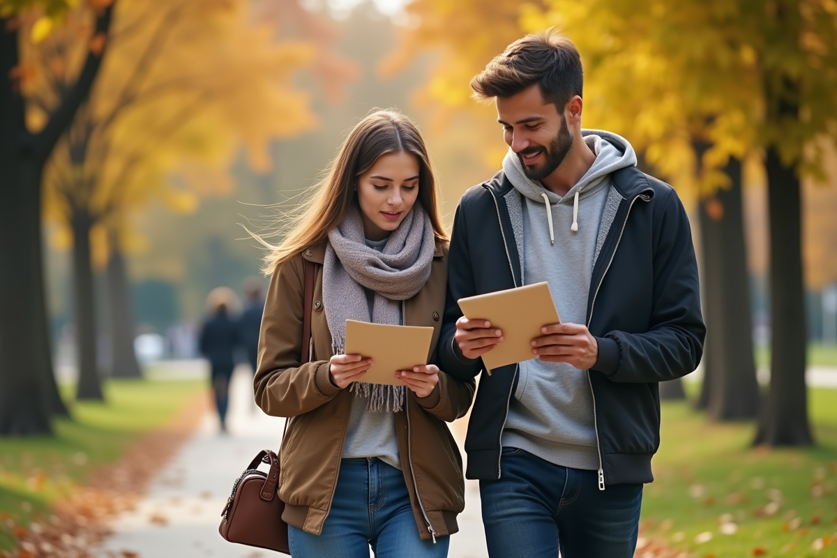 Jeune couple marchant dans un parc d