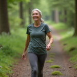 Femme active en plein air souriant dans la forêt