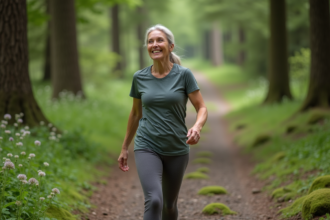 Femme active en plein air souriant dans la forêt
