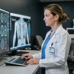 Radiologue analysant des images de scanner sur des écrans de radiologie dans une salle de lecture médicale moderne