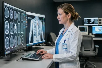 Radiologue analysant des images de scanner sur des écrans de radiologie dans une salle de lecture médicale moderne
