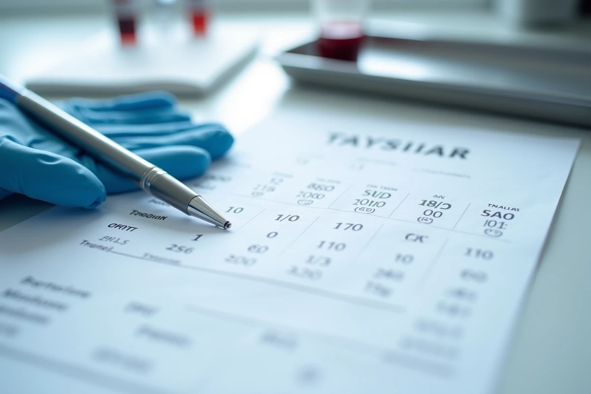 Rapport d'analyse médicale de la fonction rénale montrant un DFG élevé sur une surface de laboratoire clinique
