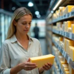 Femme examinant l'étiquette d'un bloc de parmesan pasteurisé dans le rayon fromage d'un supermarché