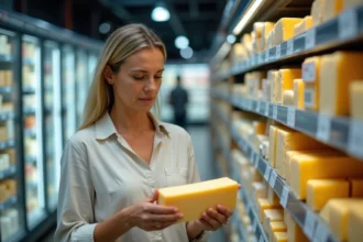Femme examinant l'étiquette d'un bloc de parmesan pasteurisé dans le rayon fromage d'un supermarché